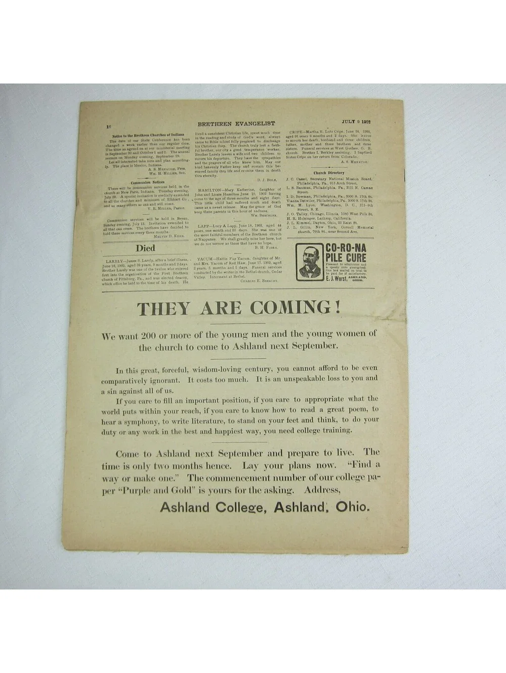 Brethren Evangelist Christian Newspaper Ashland Ohio Antique July 9th 1902 RARE